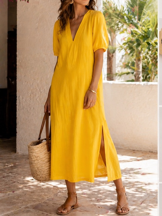 LAKE Dresses & Skirts - LAKE Marigold Cotton Gauze Midi Dress V Neck Puff Sleeve Resort Excellent XL